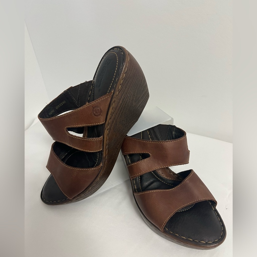 Born Brown Leather Wedge  Sandals- Women’s Size 9